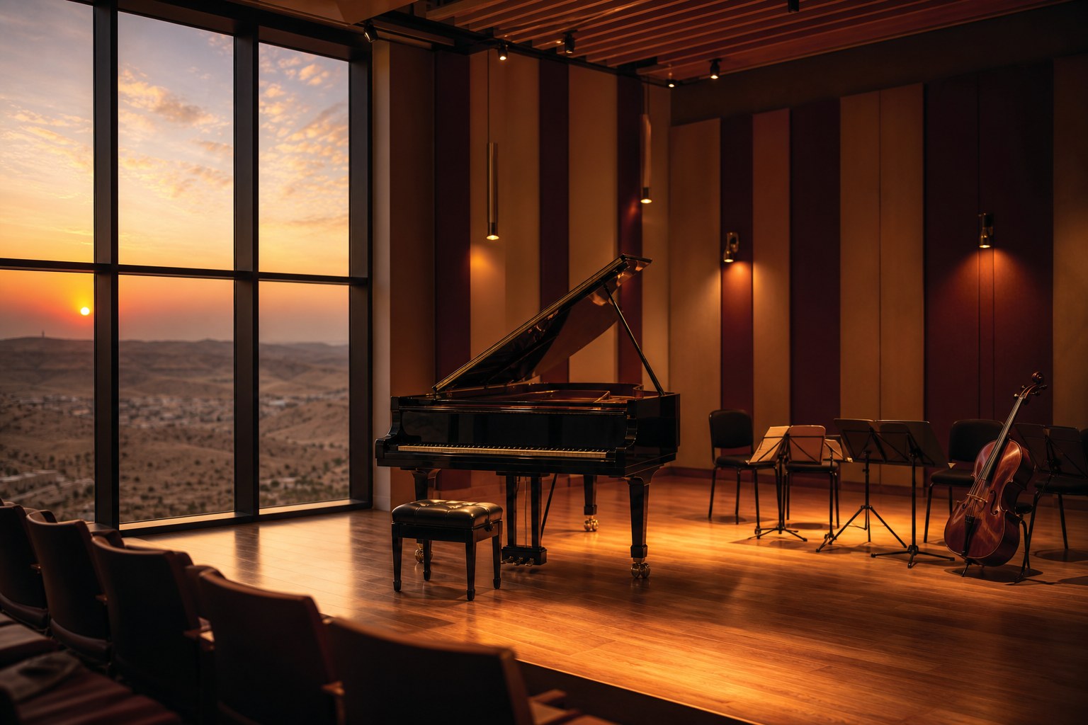 Warm recital hall with grand piano under desert evening light at Music Negev