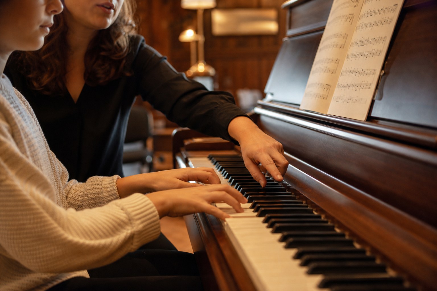 Piano lesson in warm wood practice room
